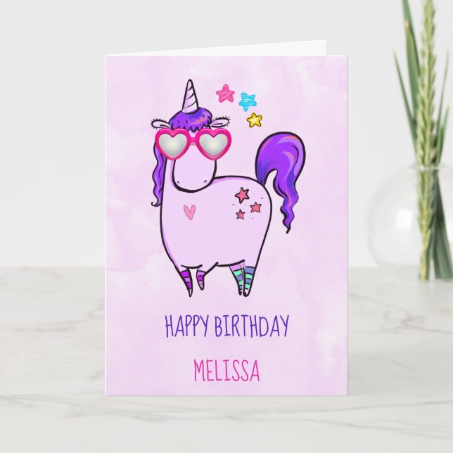 Tarjeta Unicornio lindo en gafas cardiacas Cumpleaños (Anverso)