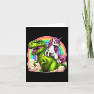Tarjeta Unicornio montando dinosaurio T-rex con fantasía a