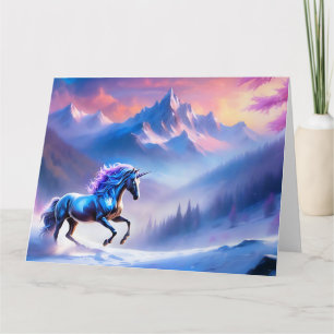 Tarjeta Unicornio negro en un paisaje invernal soñador