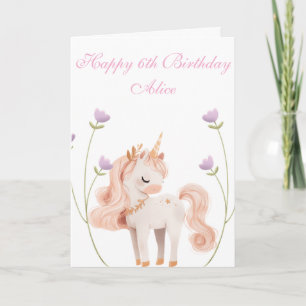 Tarjeta Unicornio Personalizable con Flores Cumpleaños 6 