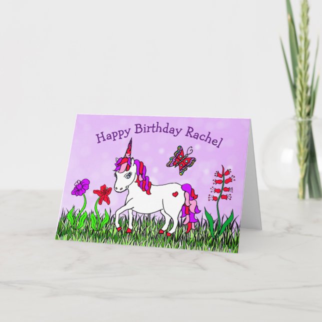 Tarjeta Unicornio personalizado, flores y cumpleaños de la (Anverso)