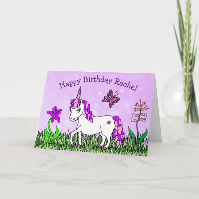 Tarjeta Unicornio personalizado, flores y cumpleaños de la (Anverso)