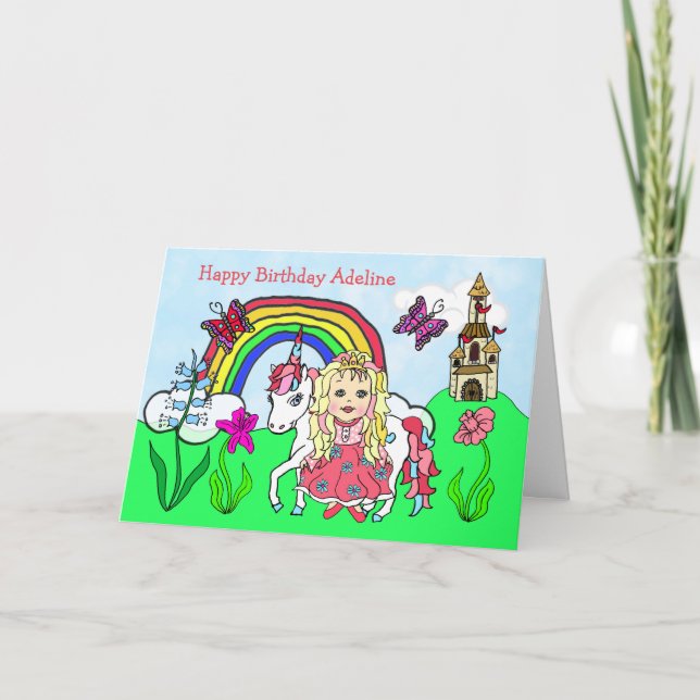 Tarjeta Unicornio personalizado y princesa Birthday (Anverso)