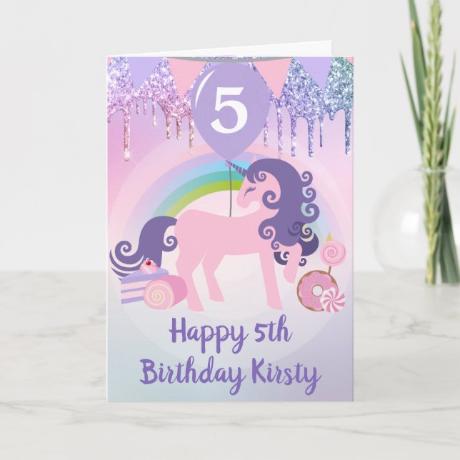 Tarjeta Unicornio Rosa con Arcoíris y Dulces Cumpleaños 5 (Anverso)