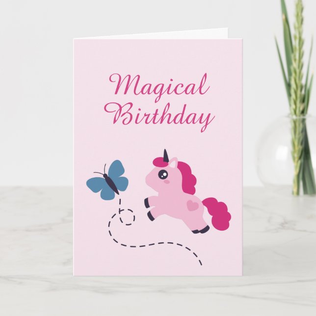 Tarjeta Unicornio rosado con mariposa (Anverso)