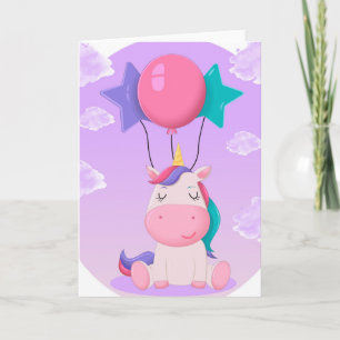 Tarjeta Unicornio Sentado y Globos Lila Adorable