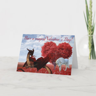 Tarjeta Unicornio y dragón mágico del día de San Valentín