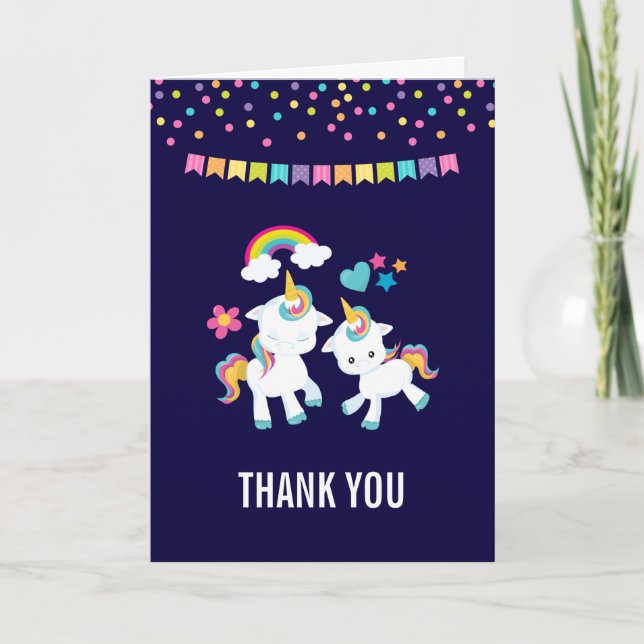Tarjeta Unicornios Mágicos Bailando Arcoíris de Gracias (Anverso)