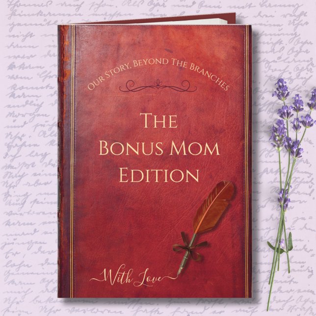 Tarjeta Unique Storybook Bonus Mom Photo Mother’s Day Card (Luxury Red Leather Storybook Card for Bonus Mom. Typography Cover & Vintage Quill.)