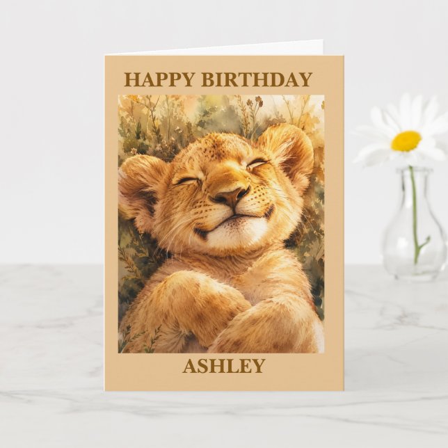 Tarjeta unisex de cumpleaños para León Dormilón, (Planta pequeña)
