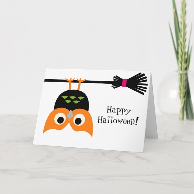 Tarjeta Upside Down Owl on Broom Halloween Card (Anverso)
