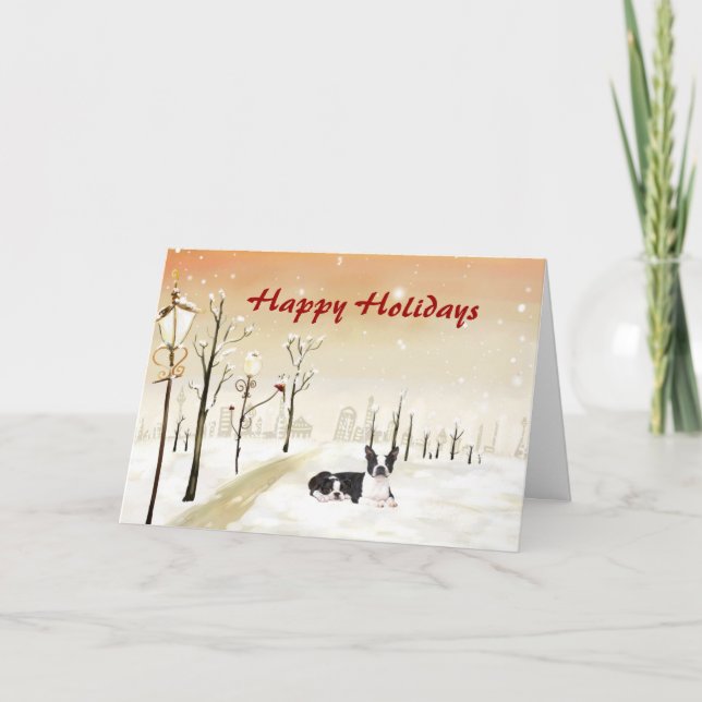 Tarjeta urbana del navidad de Boston Terrier (Anverso)