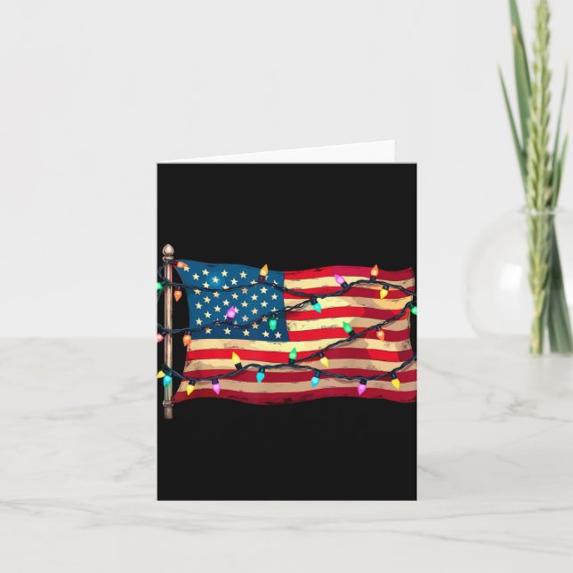 Tarjeta Us American Flag Christmas Lights Xmas Party Santa (Anverso)