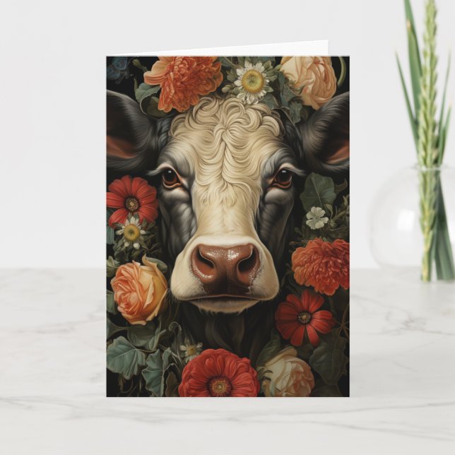 Tarjeta Vaca Adorable en las flores en todas las ocasiones (Anverso)
