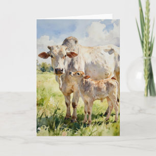 Tarjeta Vaca Brahman y Ternero en Acuarela
