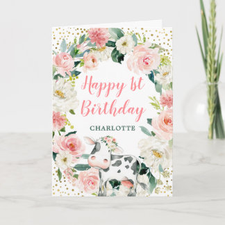 Tarjeta Vaca Chica Floral de Oro Rosa Primer cumpleaños