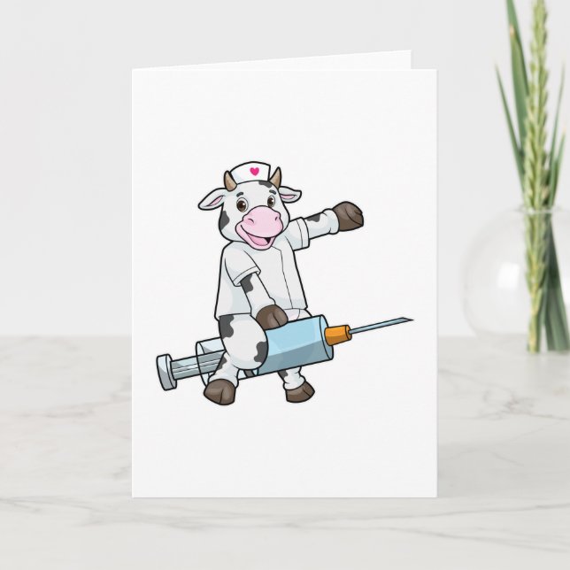 Tarjeta Vaca como enfermera con corazón y jeringas (Anverso)
