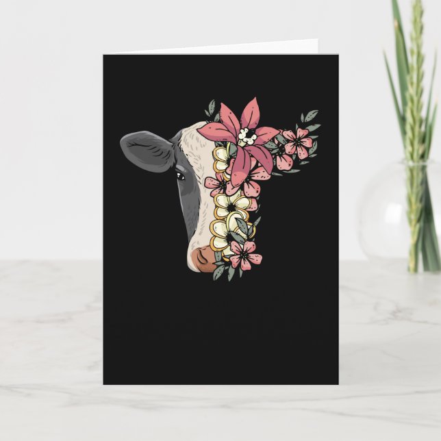 Tarjeta Vaca Con Flores Cultivando Vacas (Anverso)