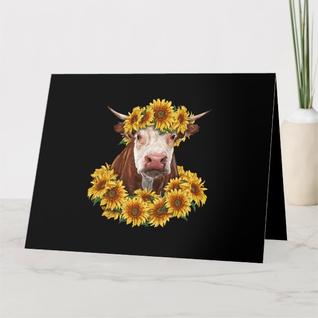 Tarjeta Vaca con girasoles cultivando a granjeros con vida (Anverso)