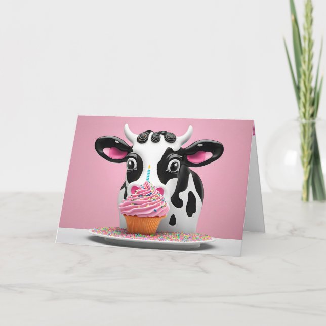 Tarjeta Vaca Con Humor De Torta De Cumpleaños (Anverso)
