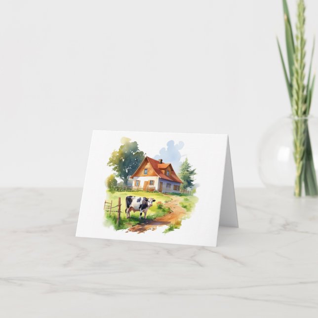 Tarjeta Vaca con vieja casa de granja BLANCO (Anverso)