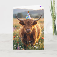 Vaca de las Tierras Altas con sombrero de cumpleañ