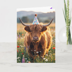 Tarjeta Vaca de las Tierras Altas con sombrero de cumpleañ