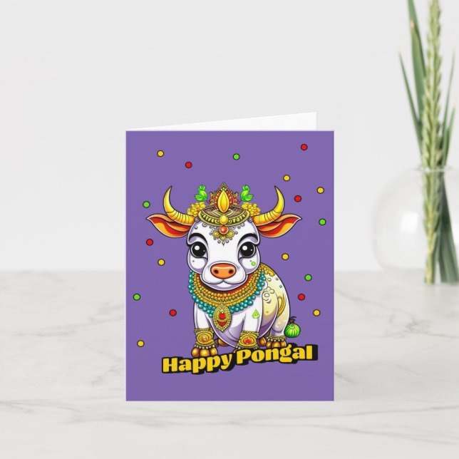 Tarjeta Vaca decorada en Kawaii Pongal (Anverso)