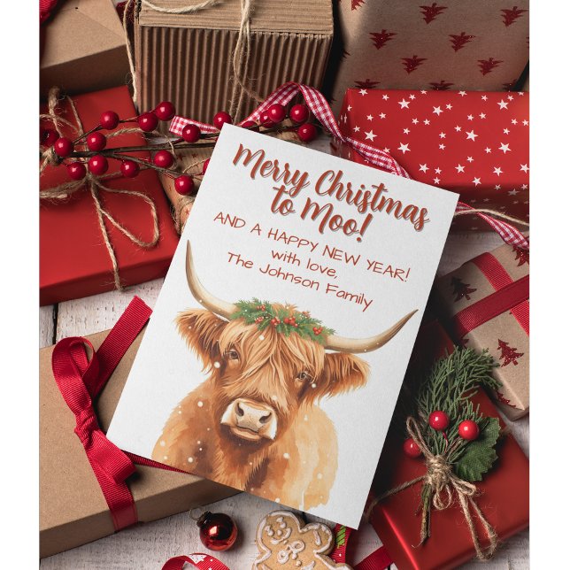 Tarjeta Vaca enana de las Tierras Altas con vegetación fes (Merry Christmas highland miniature cow greenery card)