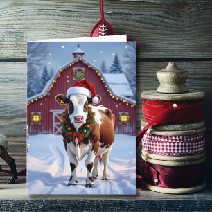 Tarjeta Vaca festiva en Navidades de Santa Hat