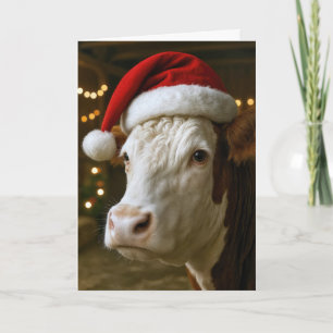 Tarjeta Vaca Hereford de Navidad con sombrero de Santa