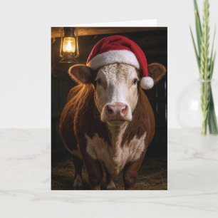 Tarjeta Vaca Hereford de Navidad en el granero