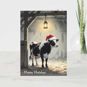 Tarjeta Vaca Hereford de Navidad en la entrada del granero