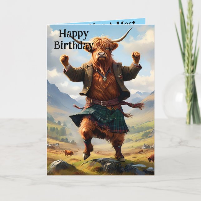 Tarjeta Vaca Highland Bailando En La Pesca De La Highland, (Anverso)