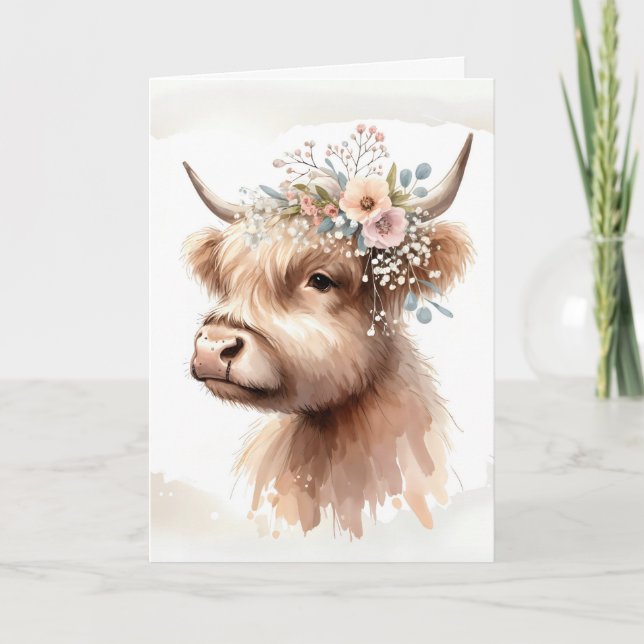 Tarjeta Vaca Highland Birthday de color de agua (Anverso)