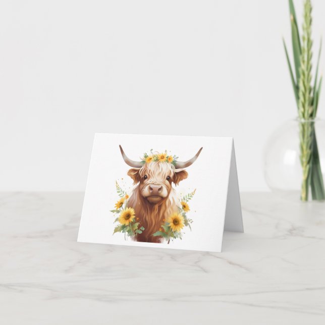 Tarjeta Vaca Highland con la flor amarilla (Anverso)