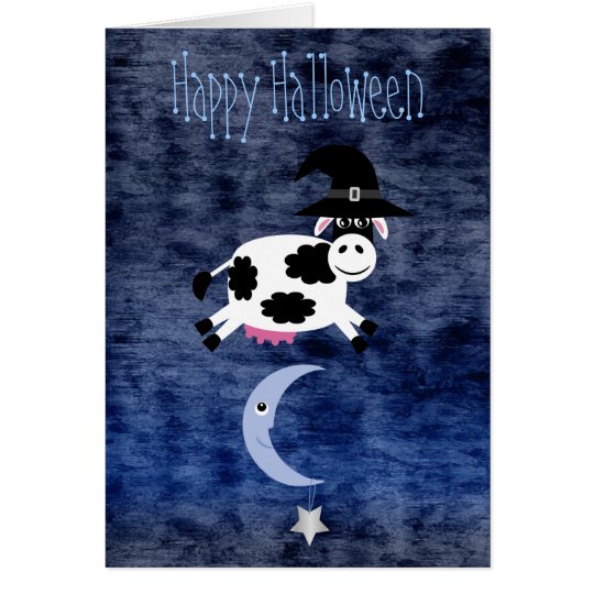 Tarjeta Vaca linda saltada sobre la luna Halloween