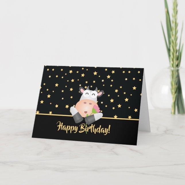 Tarjeta Vaca Personalizado divertida con flores lindo cump (Anverso)