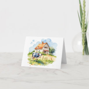 Tarjeta Vaca vieja con casa de labranza antigua