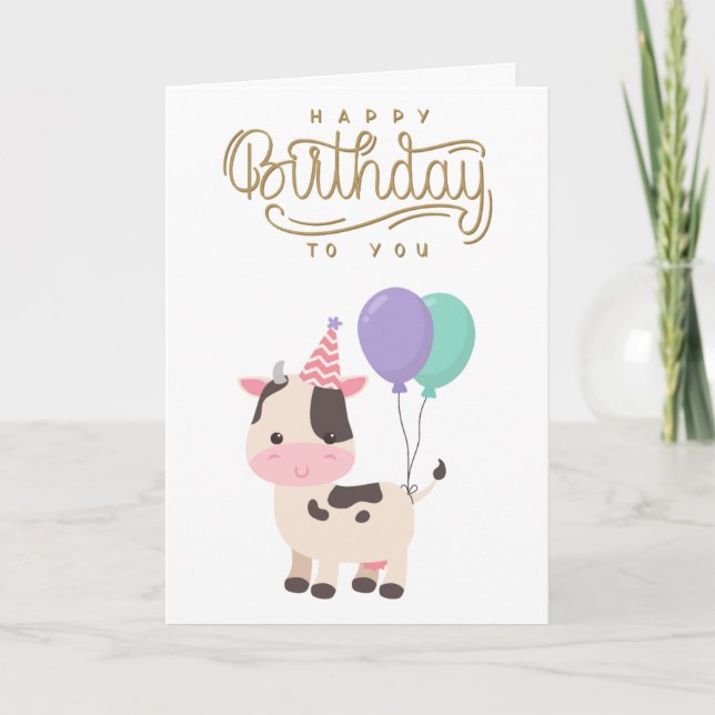Tarjeta Vaca y globos cutáneos y divertidos Feliz cumpleañ (Anverso)