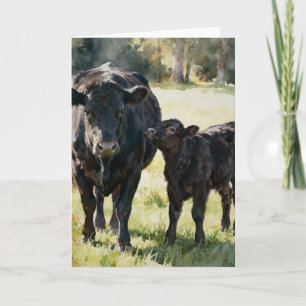 Tarjeta Vaca y ternero Black Angus estudio A en acuarelas
