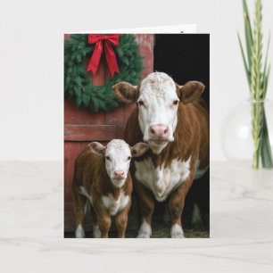 Tarjeta Vaca y ternero Hereford de Navidad