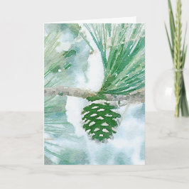 Tarjeta Vacaciones de color de agua de cono de pino verde