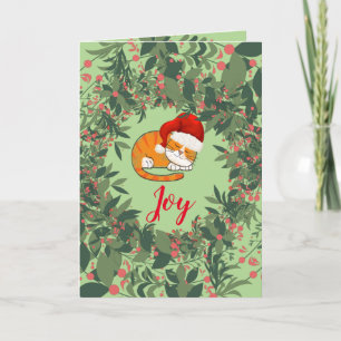 Tarjeta Vacaciones de Gato Alegre Wreath deja rojo verde r