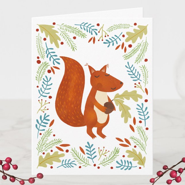 Tarjeta Vacaciones de Navidades de ardilla (Fun Squirrel personalized Thanksgiving or Christmas Holiday folded card)