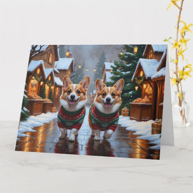 Tarjeta Vacaciones de nieve de los Navidades Corgi Dogs (flor amarilla)