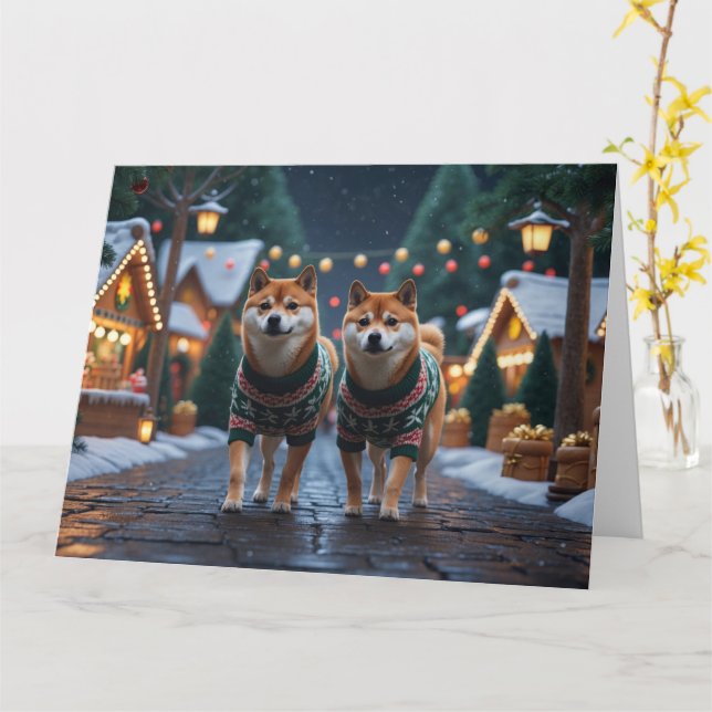 Tarjeta Vacaciones de nieve de los Navidades Shiba Inu Dog (flor amarilla)