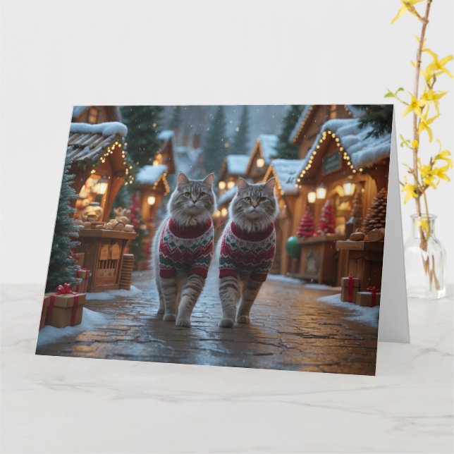 Tarjeta Vacaciones de nieve para los gatos siberianos (flor amarilla)
