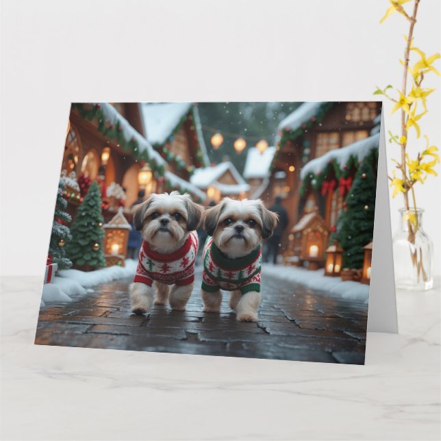 Tarjeta Vacaciones de nieve para los Navidades Shih Tzu Do (flor amarilla)