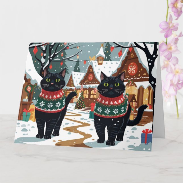 Tarjeta Vacaciones de nieve para Navidades de gatos negros (Orquídea)